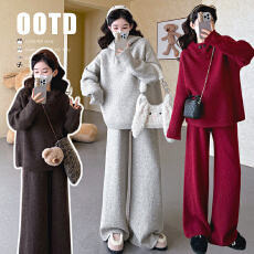 实拍现~秋冬孕妇懒人套装韩版时尚宽松毛衣上衣+阔腿裤两件套