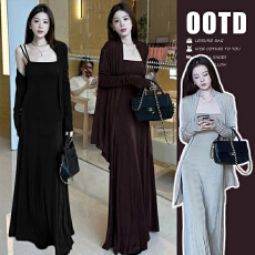 批发实拍現货~早春懒人套装洋气高级感辣妈气质显瘦长款吊带裙+开衫