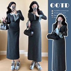 批发实拍現货~2026早春新品辣妈简约高级感拼色针织弹力中长款连衣裙