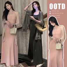 批发現货~2026春夏新品懒人套装针织时尚弹力吊带裙+防晒披肩两件套