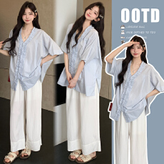 批发实拍~夏装慵懒套装韩版时尚宽松木耳边简约上衣+阔腿裤两件套