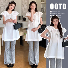 批发新品~2026夏装套装韩版时尚宽松辣妈圆领上衣+波点弹力喇叭裤