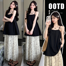 批发实拍~2026夏装套装简约时尚吊带娃娃衫+碎花阔腿裤裙两件套