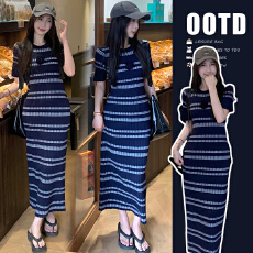 批发实拍~2026夏装新品辣妈外出显瘦遮肚针织条纹弹力连衣裙