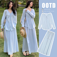 批发实拍~2026春夏套装慵懒感两件套辣妈时尚宽松系带上衣+半身裙