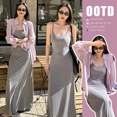 批发現货2026春夏新品懒人套装<b class='q'>波点</b>针织吊带裙紫色防晒开衫<b class='q'>衬衫</b>两件套