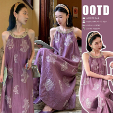 批发現货新品~2026春夏复古天丝刺绣重工紫气东来仙女挂脖珠片<b class='q'>连衣裙</b>