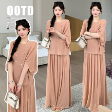 批发实拍現货~春夏新品圆领长袖A摆设计简约气质上衣+半身裙两件套