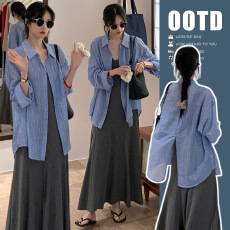 批发現货新品~2026夏装新品韩版时尚宽松条纹衬衫+纯棉背心裙两件套