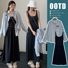 批发现~春<b class='q'>夏</b>新品松弛感懒人穿搭花边卡通长袖衬衫+蓝色背心裙两件套