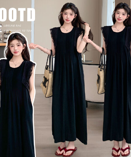 실사 지금 2026 여름 드레스 신제품 미니멀리즘 슬림해 보이는 레이스 레이스 패치워크 플리츠 점프 슈트 롱 스커트