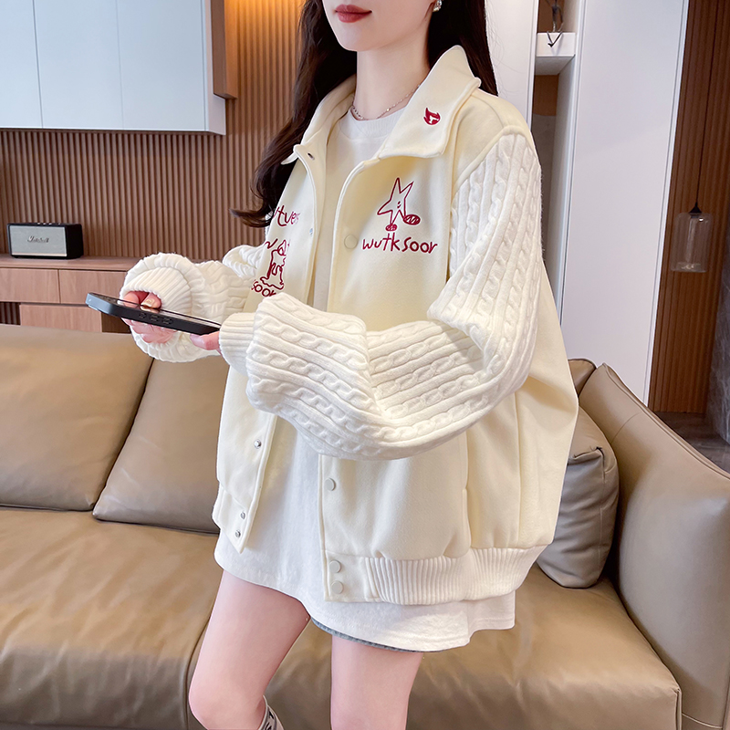 실사 아메리칸 레트로 야구 유니폼 여성 새로운 모직물 패치워크 폴로 칼라 학원 스타일 루즈핏 모직 외투 트렌디