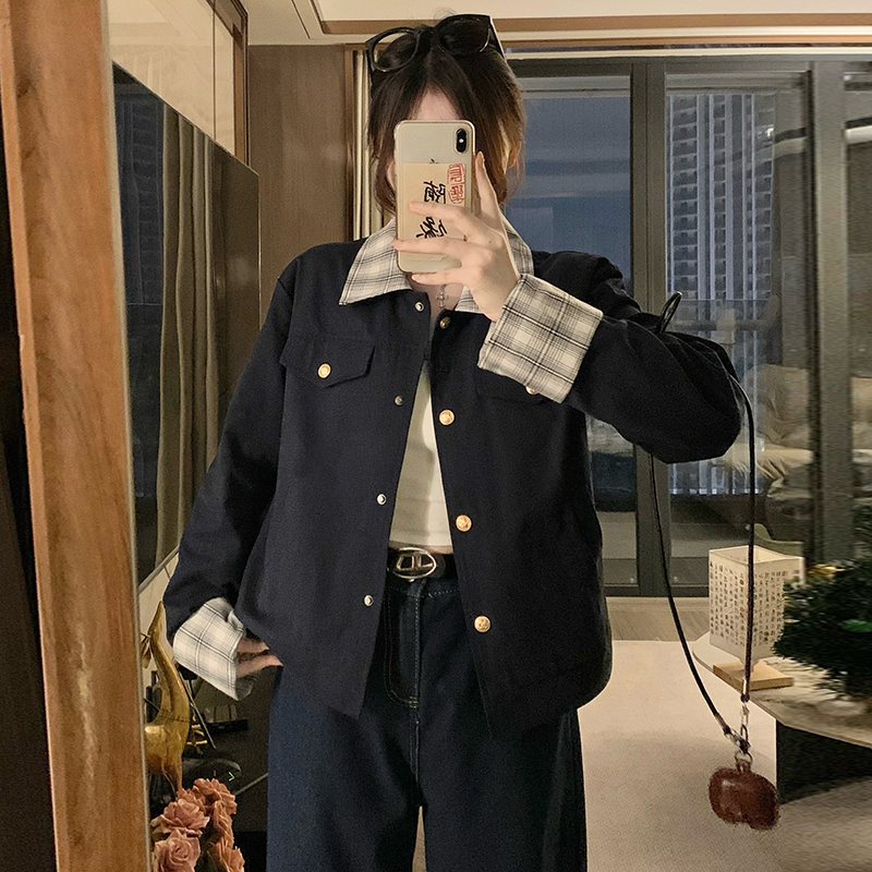 실사 새로운 봄 가을 작은 키 캐주얼 폴로 칼라 체크무늬 패치워크 재킷 트렌디