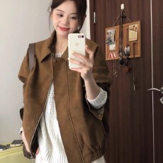 批发复古翻领麂皮外套女秋季新款韩系穿搭宽松休闲美拉德棕色夹克上衣
