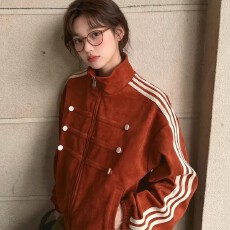批发美式复古拿破仑麂皮外套女<b class='q'>春</b>秋季新款立领排扣设计感夹克上衣