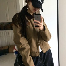 批发短款巴恩风外套女<b class='q'>春</b>秋季美式复古翻领百搭卡其色工装夹克上衣