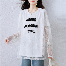 批发实拍~大码胖mm宽松蕾丝字母刺绣假两件短袖T恤套头上衣