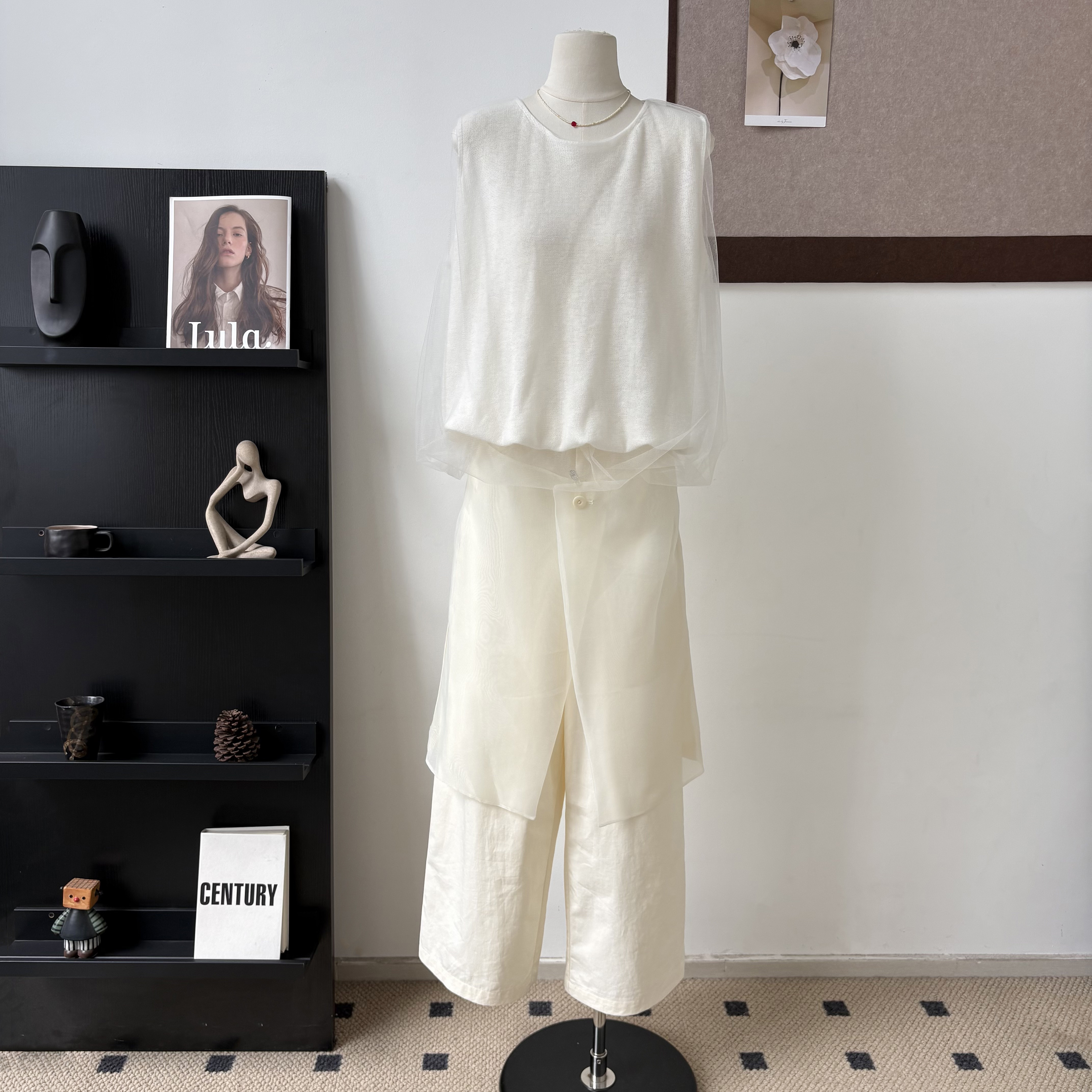 le rouge 주 아름다움 윌 호흡 ~ 중 all white 공기 센스 양모 망사 조끼 치마바지 세트