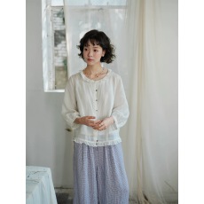 批发薄款纯色荷叶边衬衫女宽松上衣日系七分袖花边慵懒风麻上衣潮