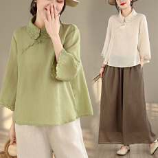 批发实拍~复古文艺重工刺绣宽松减龄百搭短袖麻衬衫上衣