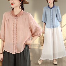 批发实拍~复古文艺薄款高级感撞色重工刺绣轻奢宽松减龄洋气短袖上衣