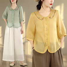 批发实拍~复古文艺设计感刺绣短袖T恤女纯色文艺气质圆领开衫上衣