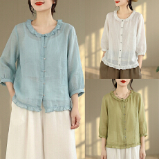 批发实拍~花边领小衫女复古文艺气质衬衣宽松短袖衬衫