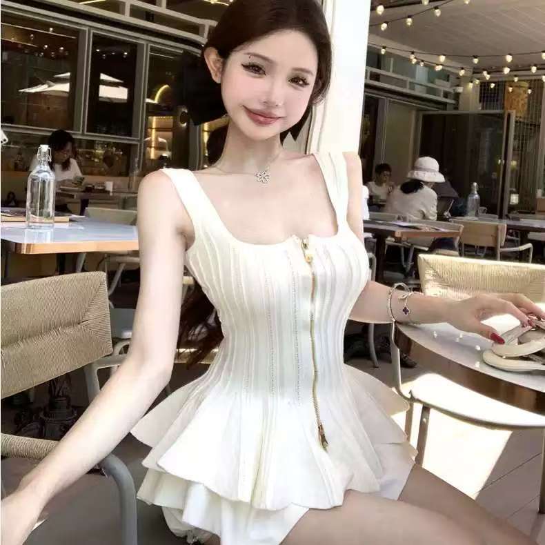 MY11032# 法式方领纯色针织背心女 精致拉链荷叶边收腰上衣透气修身薄款女裝貨源服裝批發