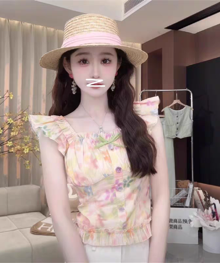 프랑스식 레트로 꽃무늬 광장 칼라 거품 소매 여성 여름 새로운 디자인 센스 Chic 신선함 착용 가져 가라.