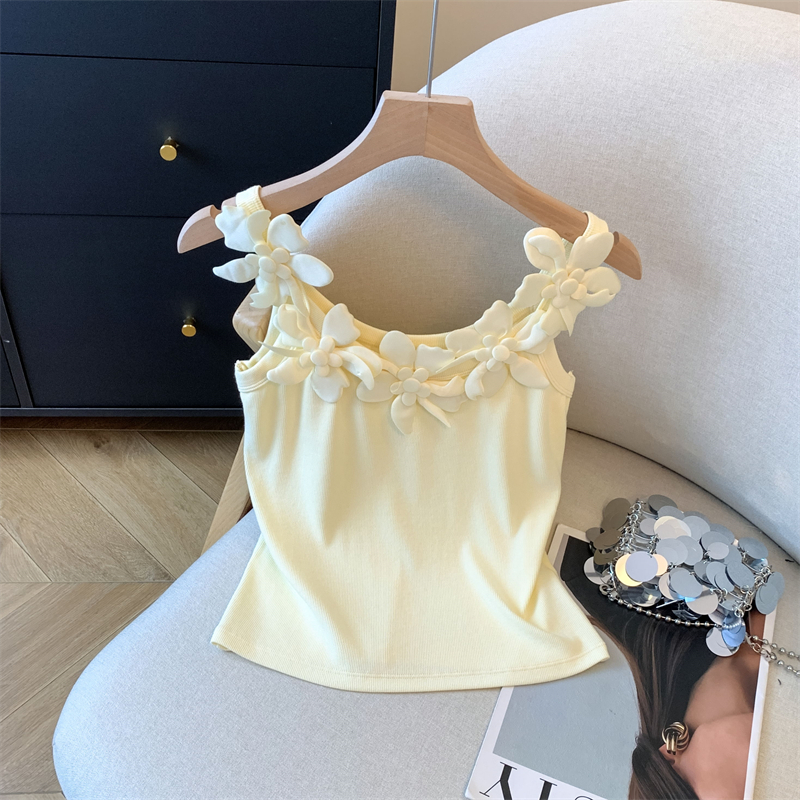 MY10554# 夏季无袖设计感立体花朵背心修身短款上衣针织衫薄款女裝貨源服裝批發