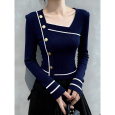 批发法式复古蓝色<b class='q'>针织</b>衫女 不对称金属扣撞色设计感修身短款长袖上衣