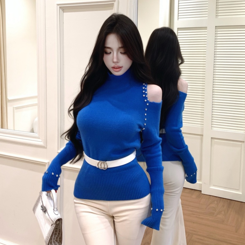 MY16892# 辣妹露肩宽松长袖套头毛衣女送腰带女裝貨源服裝批發