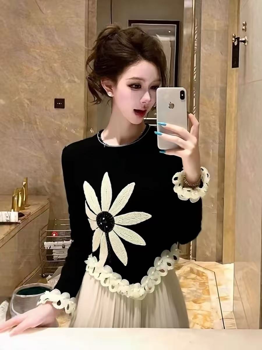 RY8192# 2025冬季新款独特漂亮超好看单穿小众设计感不规则黑色花朵...