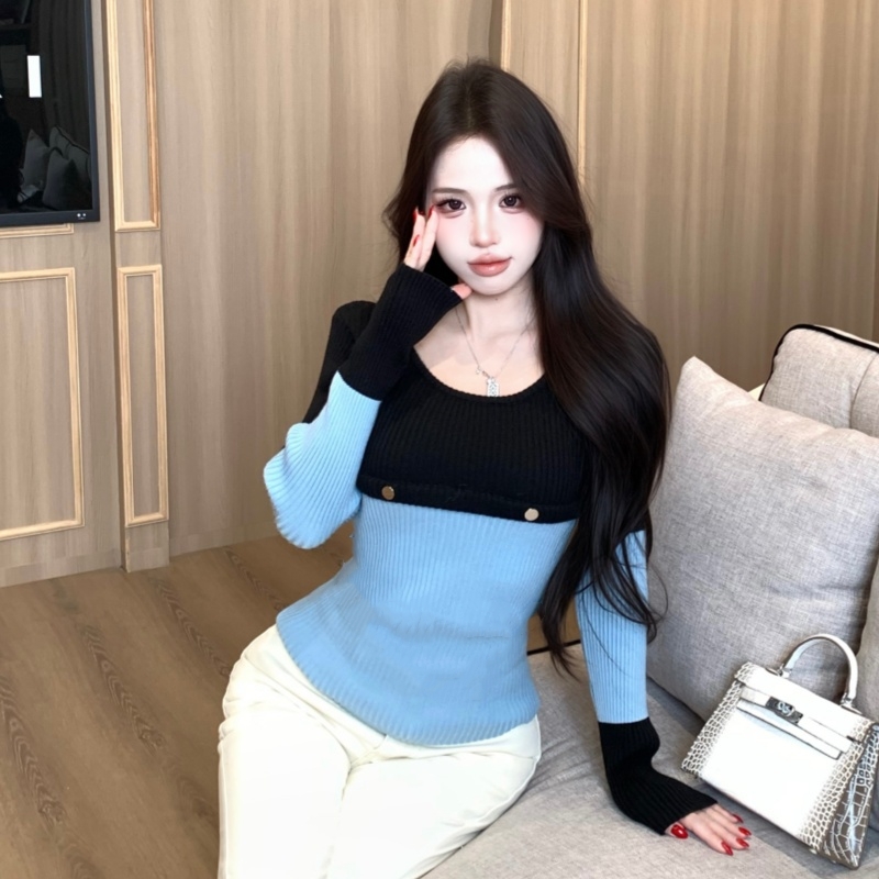 MY16729# 洋气时髦撞色针织衫女韩系修身正肩打底衫氛围感穿搭上衣女裝...