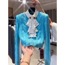 批发名媛翻领长袖双排扣毛衣短款秋冬