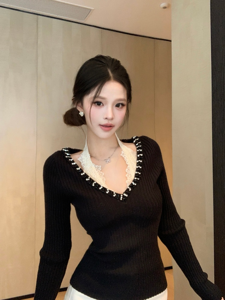 MY16896# 法式气质钉珠蕾丝拼接针织衫女长袖收腰黑色打底毛衣上衣女裝...