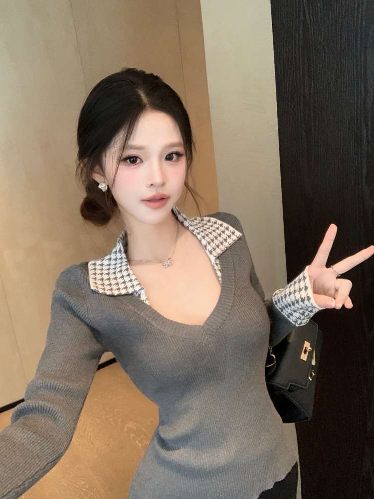 MY16895# 辣妹风千鸟格拼接针织衫 修身V领内搭显瘦打底衫女女裝貨源服裝批發
