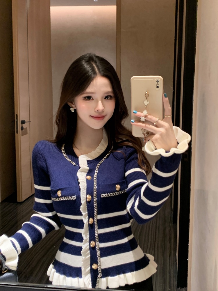 봄 설치됨 품질 스트라이프 니트 오픈 가디건 프릴 패치워크 장식 몸매 가꾸기 슬림해 보이는 스웨터 여자