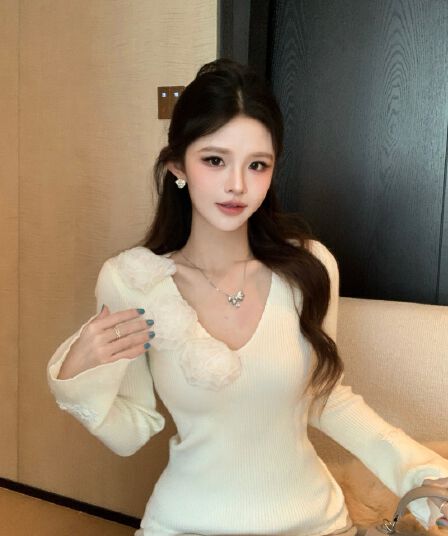 순수한 욕망 실링 V넥 레이스 조각 니트 스웨터 여성 가을 겨울 몸매 가꾸기 인사이드 가져 가라. 부드러운 바람 만나는 맨위