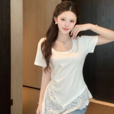 批发新款纯欲风百搭纯色假两件<b class='q'>蕾丝</b>短袖女夏季修身显瘦U领不规则下摆