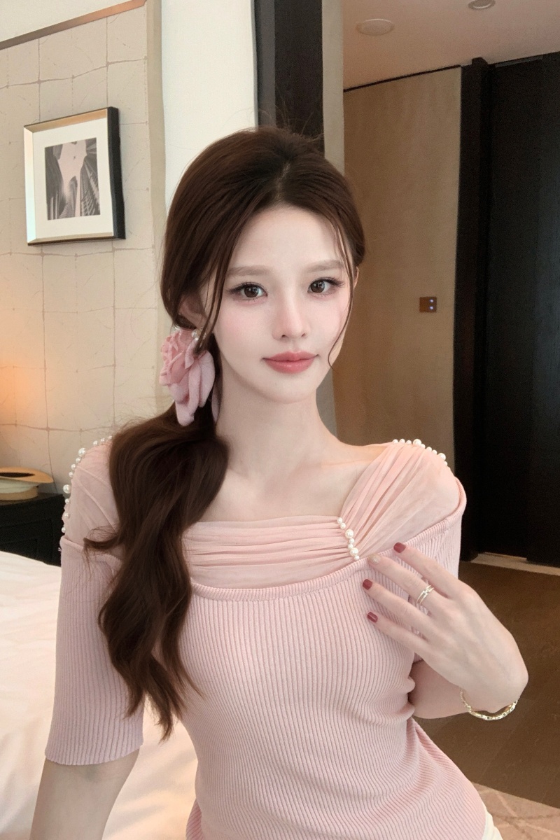 새로운 망사 스퀘어 입 칼라 다용도 단색 패치워크 외국 가스 몸매 가꾸기 여름 반팔 맨위 새로운