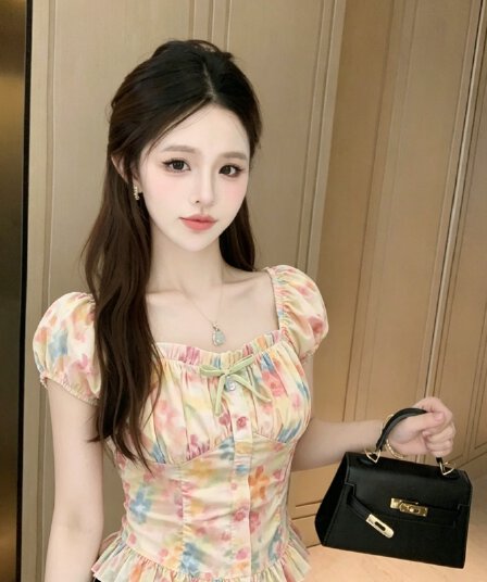 프랑스식 광장 칼라 Feifei 소매 홀치기 염색 쇼트 스타일 맨위 여성 여름 새로운 허리 수축 슬림해 보이는 순수한 욕망 바람 달콤한 자매 작은 셔츠