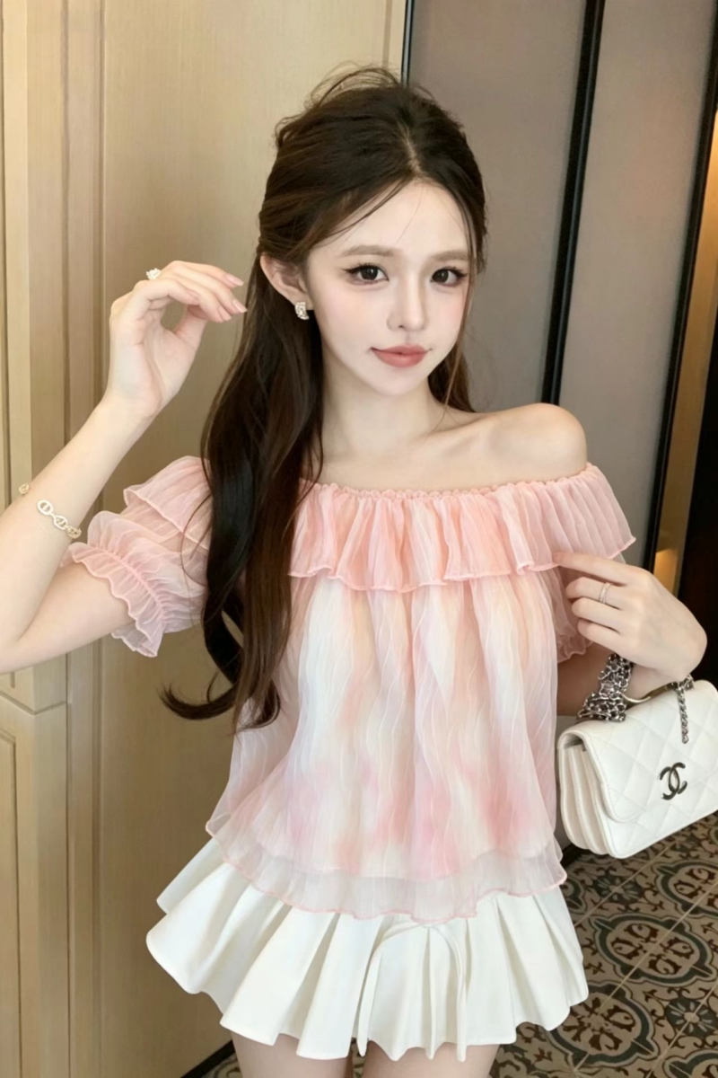 순수한 욕망 오프숄더 쉬폰 톱 달콤한 자매 프릴 행침 목 오프숄더 작은 셔츠 주름 우아한 달콤한 부서 착용 가져 가라.
