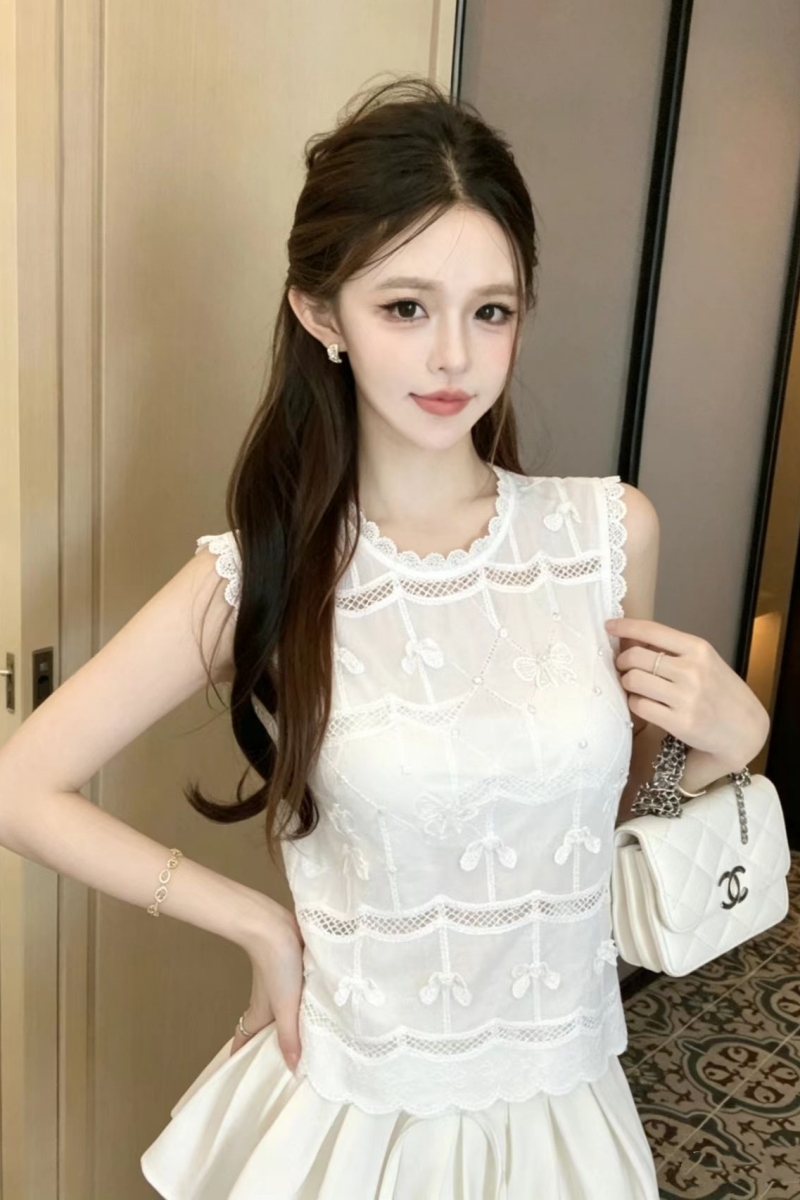 레이스 나비 매듭 조끼 절묘한 홀로우 아웃 민소매 셔츠 3 차원 작은 나비 매듭 디스플레이 화이트 미니멀리즘 고급 루즈핏 섹션
