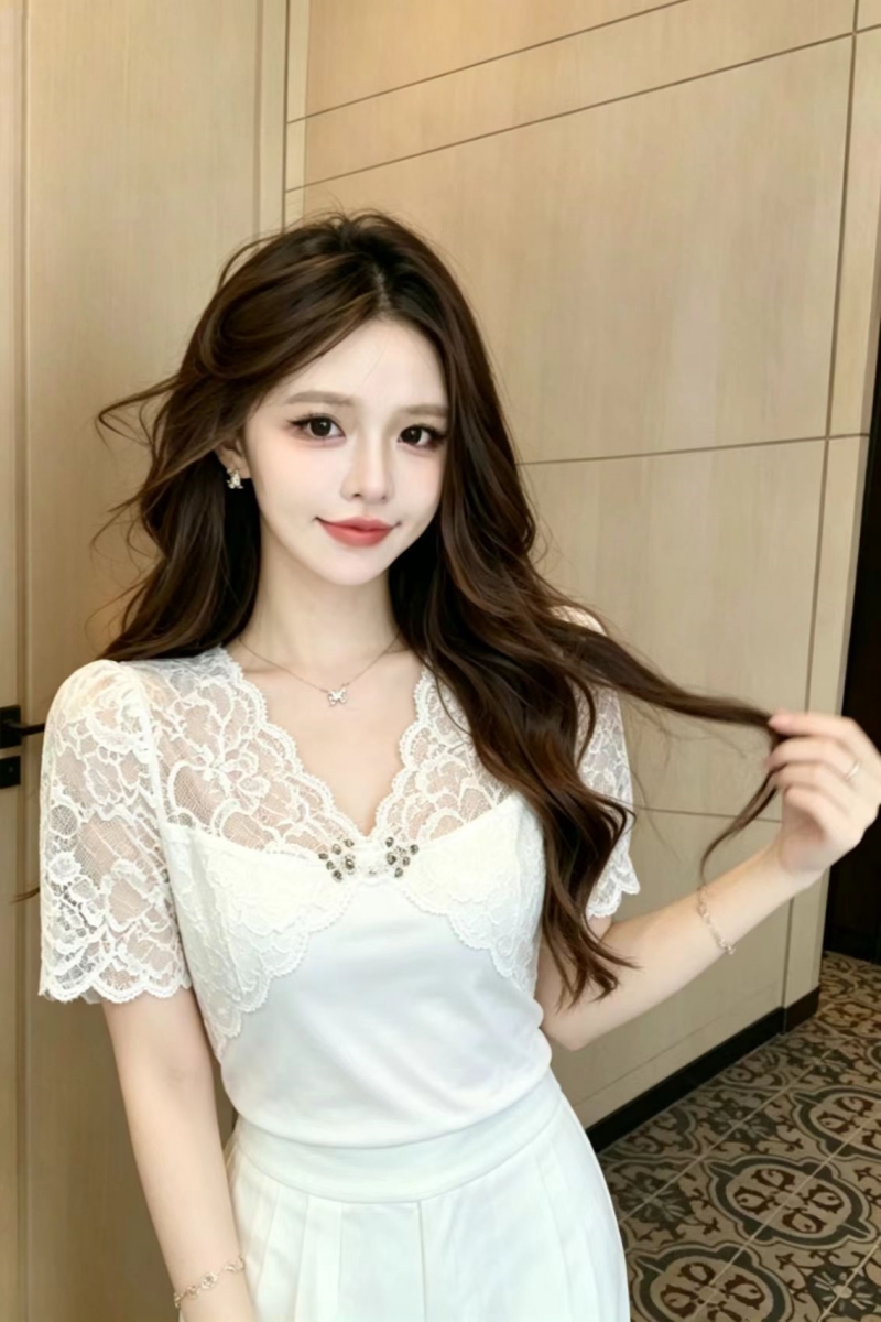 화이트 V넥 레이스 조각 반팔 맨위 여성 여름 새로운 못 훈련 디자인 품격 티셔츠