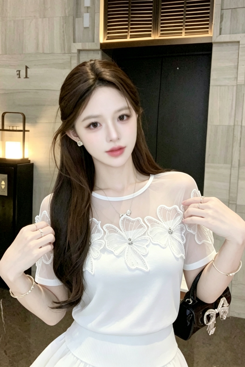 RY8210# 夏季新款立体花朵网纱拼接短袖女温柔气质圆领上衣洋气百搭小衫