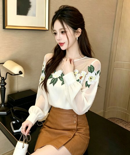 빛 럭셔리 무거운 작업 3 차원 꽃 셔츠 작은 대중 고급 센스 망사 패치워크 슬림해 보이는 긴팔 작은 셔츠