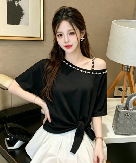 작은 심장 기계 비스듬한 어깨 디자인 센스 티셔츠 무거운 작업 체인 술 레이스업 허리 수축 반팔