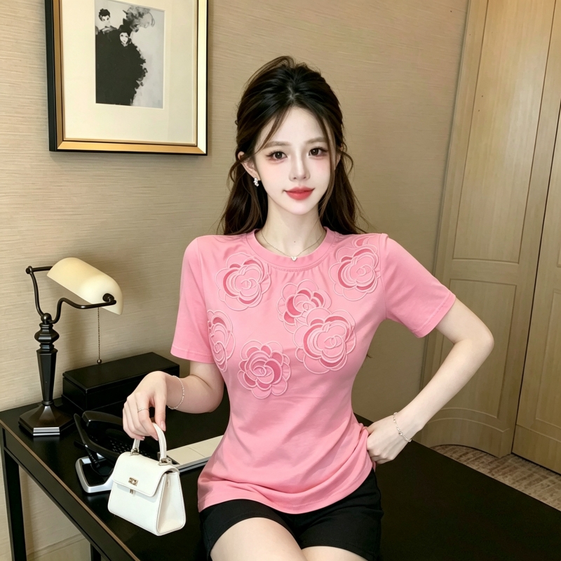 RY7838# 2026简约圆领绣花上衣女宽松遮肉T恤夏季百搭