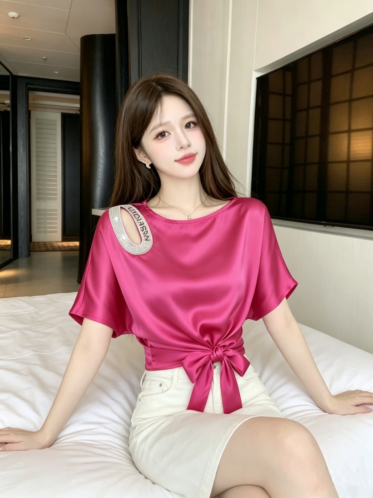 RY8203# 短袖圆领收腰显瘦纯色镶钻设计感百搭夏装上衣薄款